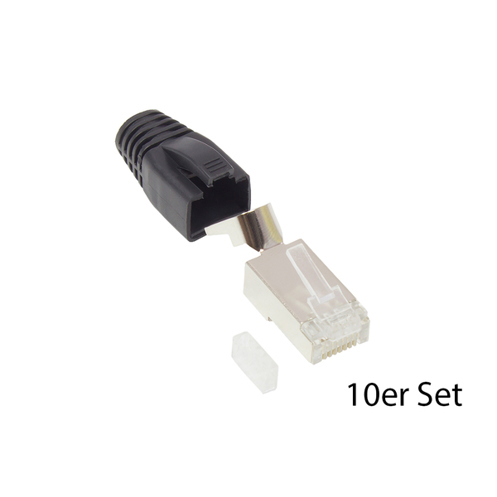 RJ45 Netzwerkstecker Cat.6A | geschirmt | für Cat.7 | Cat.6A | Cat.6 Kabel | inkl. Zugentlastung und Einfädelhilfe | schwarz | 10er Set | Good Connections®